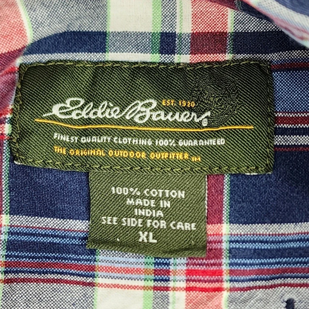 Eddie Bauer sz XL Men‎ Button Up Shirt Plaid Blue Red Green White Short Sleeve